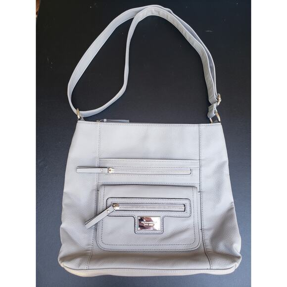 Tignanello Gray Leather Crossbody Shoulder Hand Bag Purse Several Compartments - Picture 1 of 12